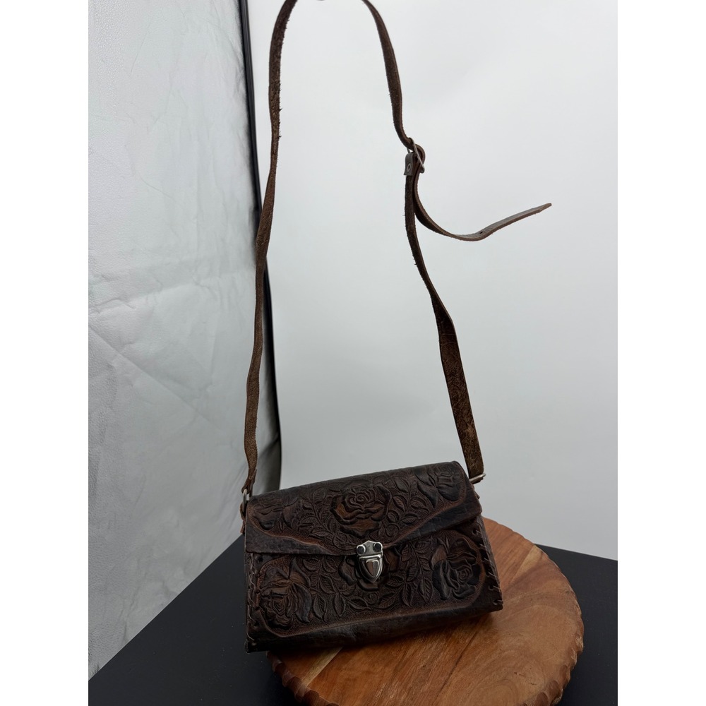 Unbranded Tooled Floral Rose Leather shoulder Bag Women Small Brown Boho